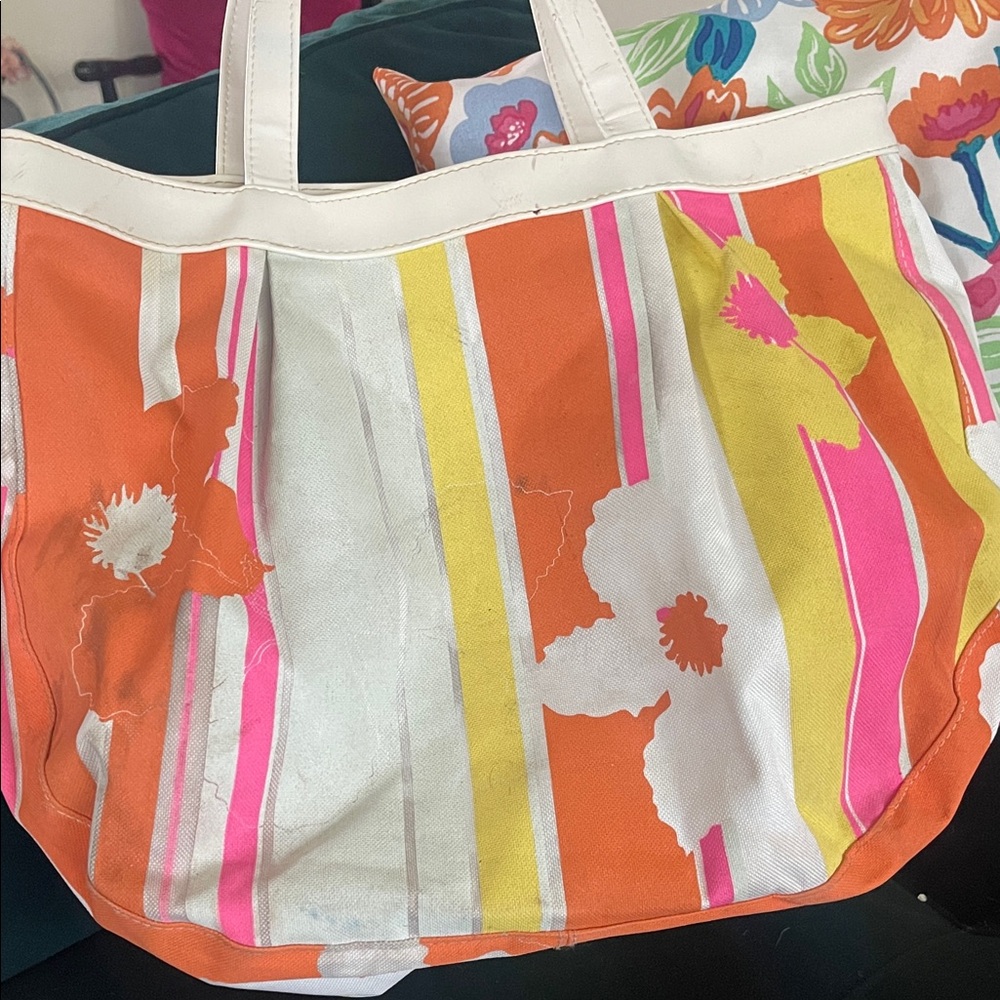 Striped Canvas Tote Bag in Orange, Pink & Yellow with Cream Handles